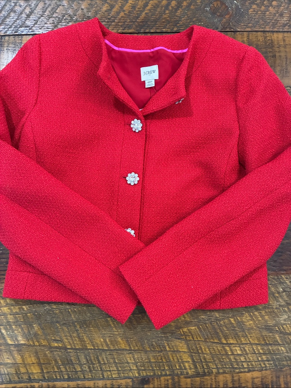J. Crew women’s Bright Red Tweed Jacket with glass Flower Buttons
